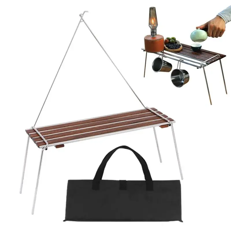 

Table Camping Portable avec Support Lumière, Bureau Pique-Nique Pliable en Acier Inoxydable