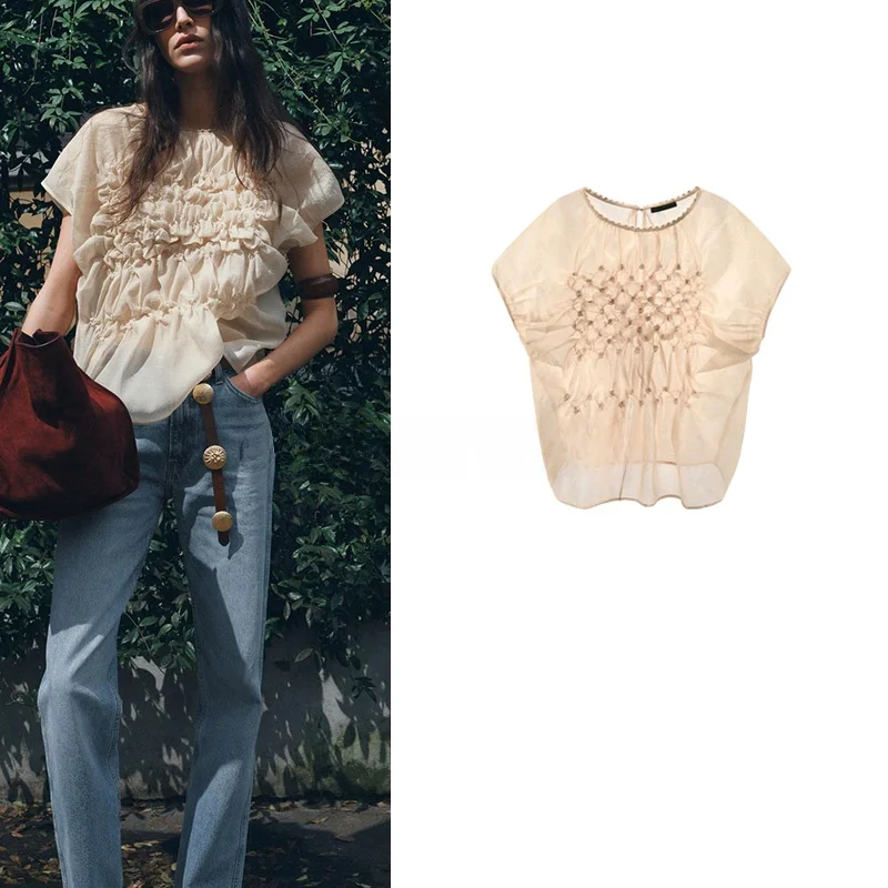 Spring New Women's round Ne ort Sve Embroidered Semi-Transparent Fabric Top Loose Fit Commute Sle Pure Color 4786002