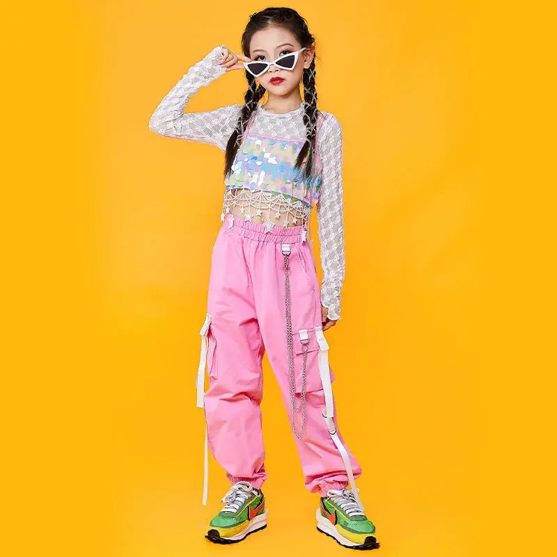 Kids Summer Dance Clothes Sequins Net Top Skirt/Pants Set Girls Hip Hop Modern Jazz Streetwear Stage Performance Costume