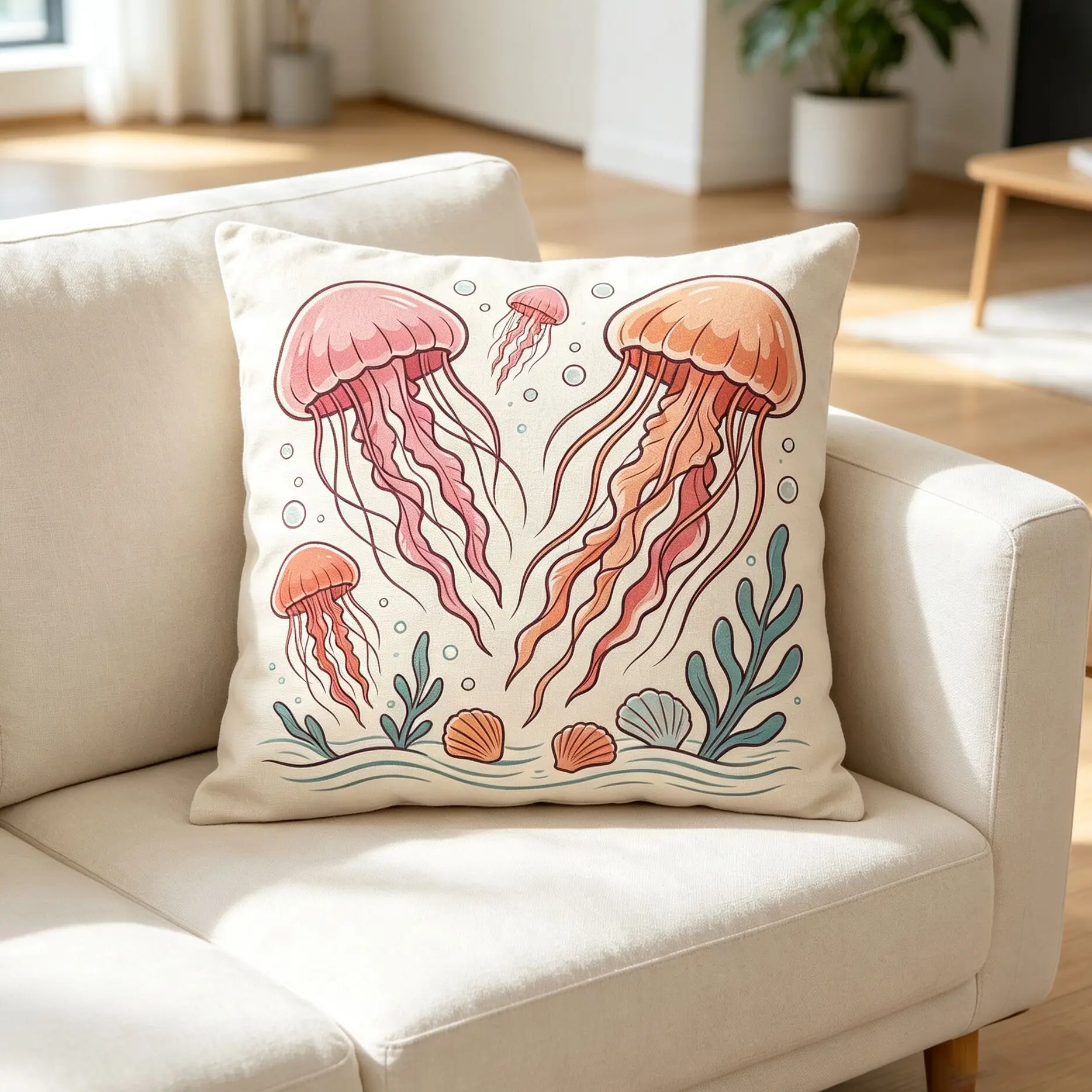 Cute Ocean Jellyfish Seafood Floral Cartoon Pillow Cover 45x45cm Cushion Case Pillowcase for Sofa Living Room Home Decoration
