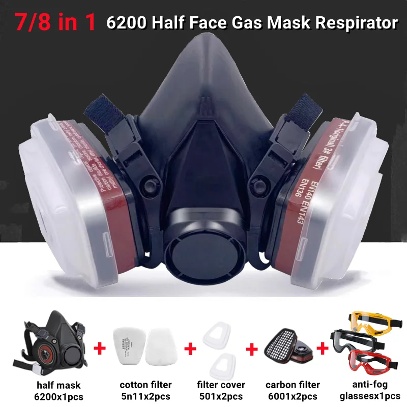 8In1 6200 Dust Gas Mask Anti-fog Safety Goggles Half Face Gas Respirator Epoxy Resin Painting Spray Polishing Work Safety