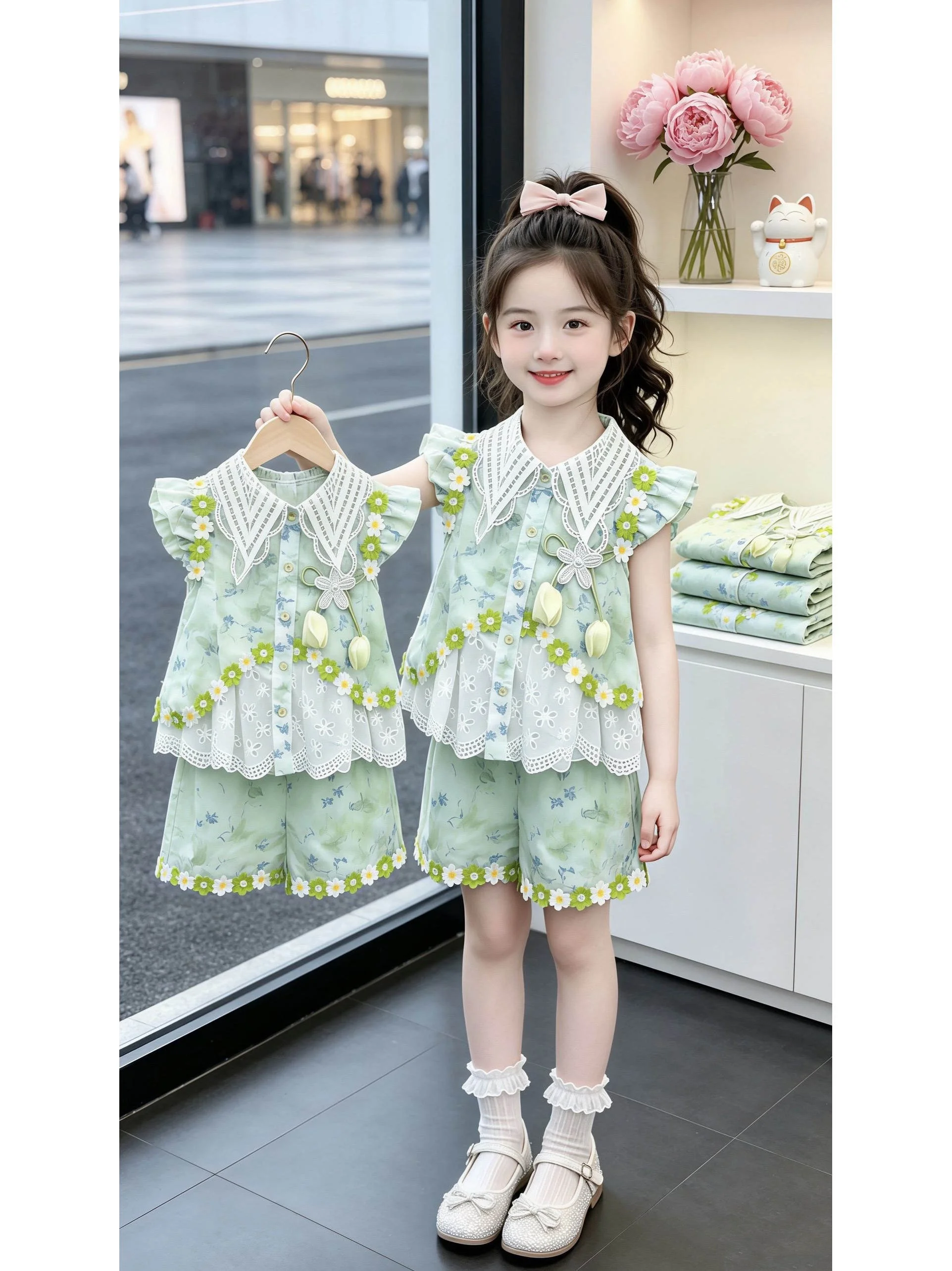 rustic-style-girls-set-summer-hollow-out-lace-splicing-top-floral-shorts-two-piece-set-children's-clothing-korean-style-outfit