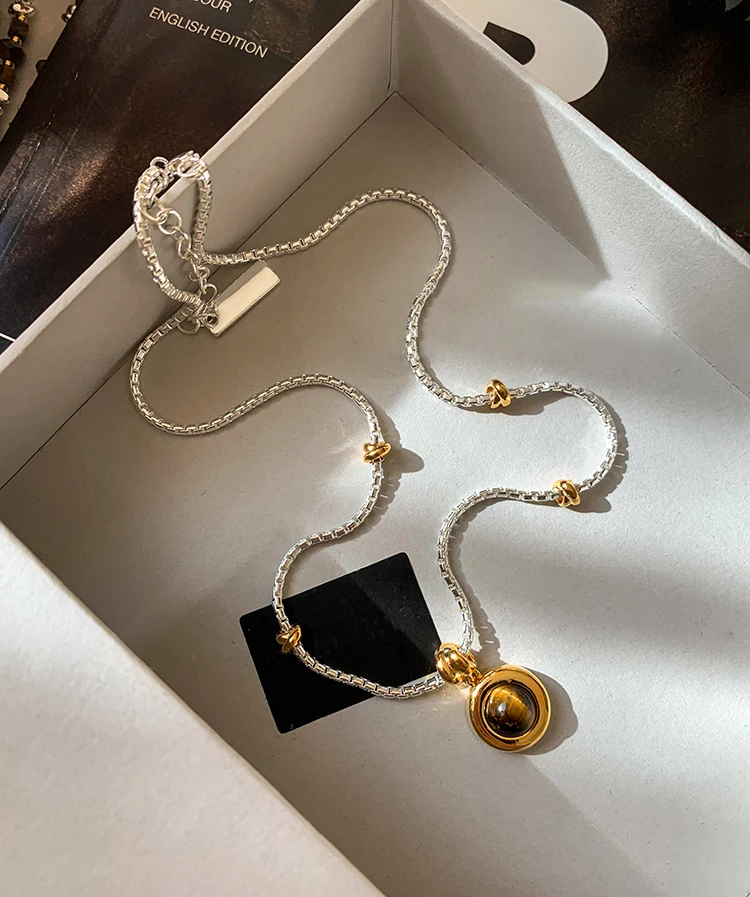Gold- und Silberfarbene Kette, kreisförmiger Tigerauge-Stein-Anhänger, Halskette, luxuriöser Schmuck für Damen, sexy Schlüsselbein-Accessoires – Detail 9