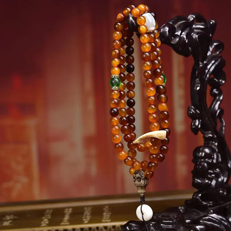 Natural gold 108-piece Buddhist prayer necklace Tibetan-style multi-strand bracelet with agate, Dzi beads, and g