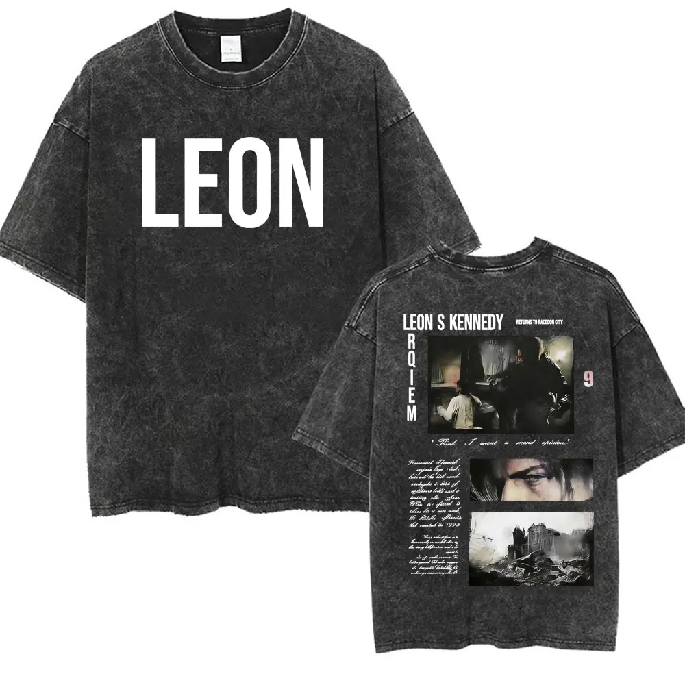 Limited Leon Kennedy Vintage Washed T-shirt Resident Evil Requiemm T Shirts Men's Clothing Fashion Gothic Oversized T Shirt Tops