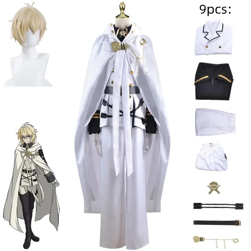 

Mikaela Hyakuya Cosplay Anime Seraph Of The End Cosplay Costume Halloween White Cloak Trench Coat Pants Gloves Wig Uniform Play