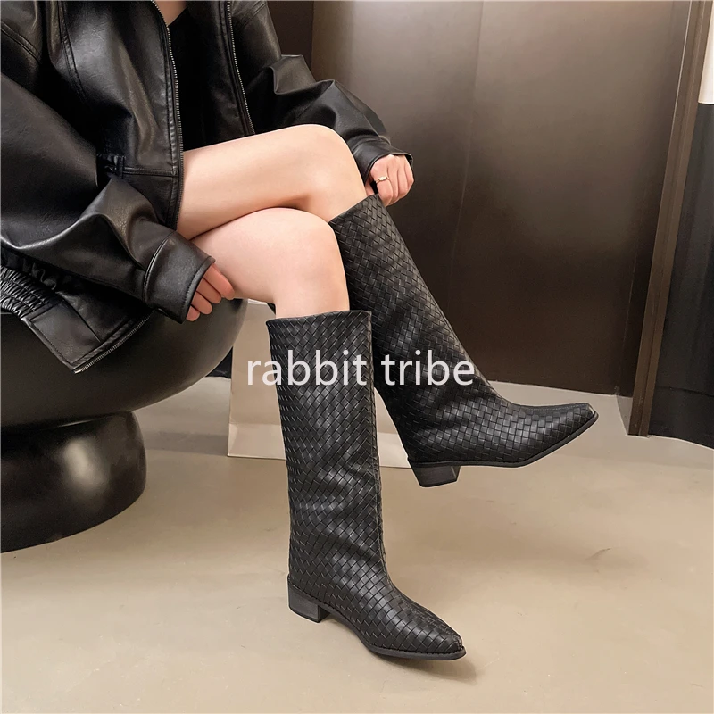 

2025 нишевые высокие сапоги в западном стиле, женские сапоги для дымохода, женские сапоги до колена, одинарные сапоги с тканым узором, высокие сапоги-цилиндры