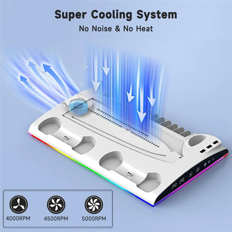 

Well Made-Charging Stand, Multifunctional LED Cooling Stand With Charging Station, 2 Controllers For PS5 PS5 SLIM Console