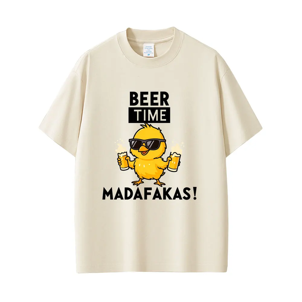 Beer Time Madafakas T-shirt Funny Chick Mascot Holding Two Beers T-Shirts Party Humor Merch T Shirts Men Women Summer Drink Tees