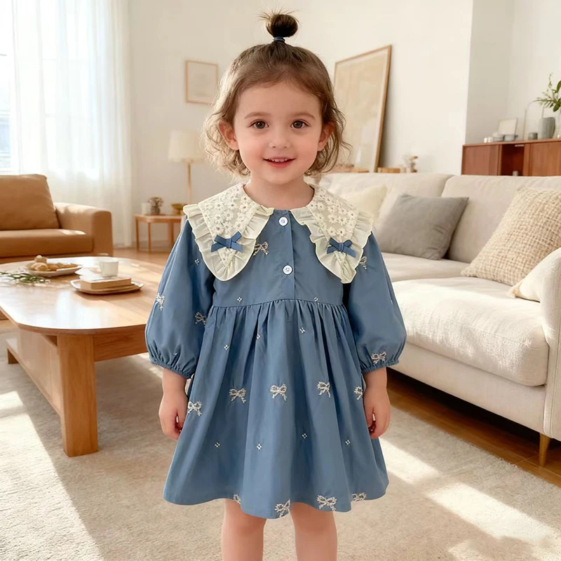 Herbst 0-6Yrs Mädchen Prinzessin Kleid Baby Mädchen Schmetterling Kragen Kleidung Baby Mädchen Kleidung Ein Stück Kleidung Stickerei Kinder Kleid