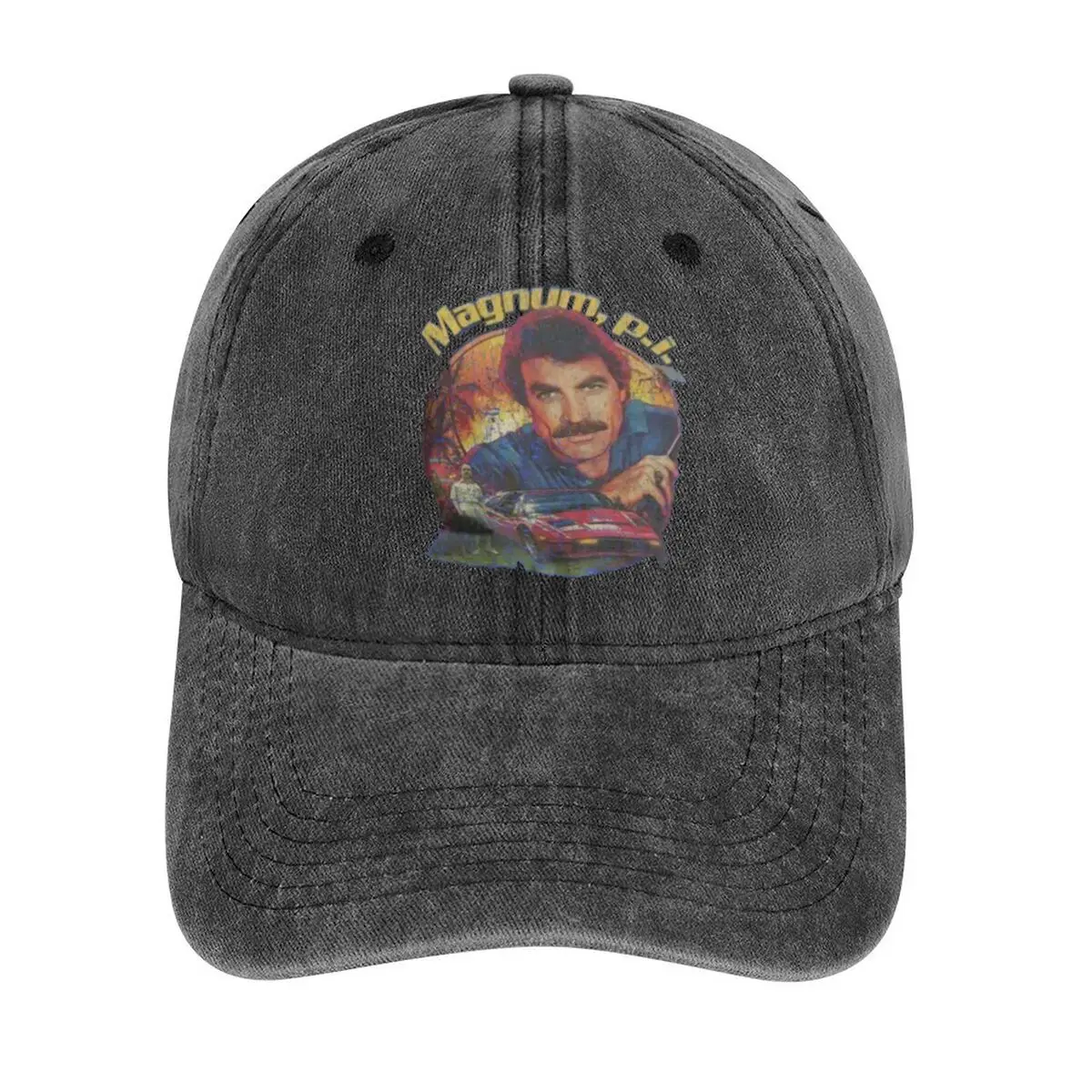 

Magnum PI - themed graphic with a person and the show's name in a colorful design Washed Baseball Cap