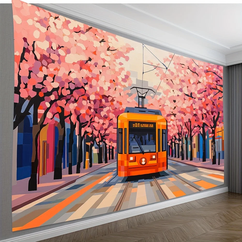 Cherry blossoms trams Digital printing polyester wall hanging tapestry decorative Living room bedrooms Office background gift