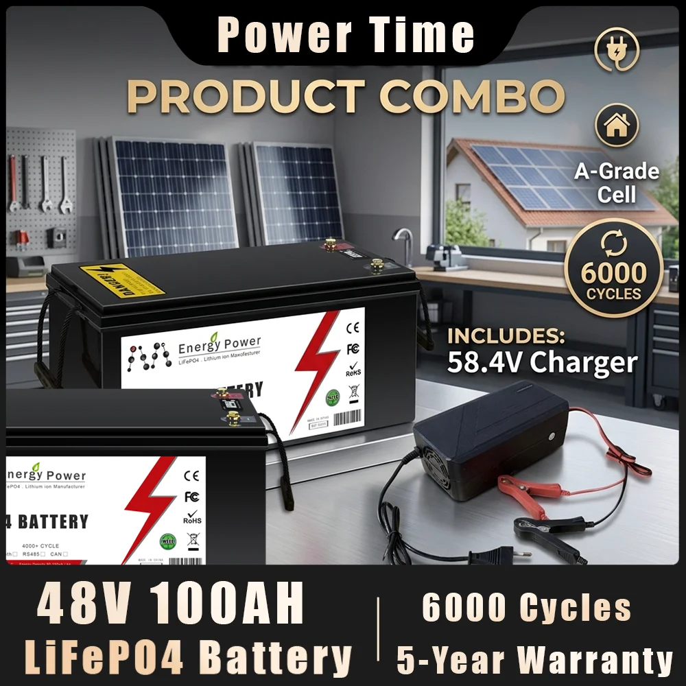 Pacco batteria LiFePO4 da 48V 100Ah con BMS integrato da 100A e caricabatterie da 58,4V, oltre 6000 cicli, batteria al litio ferro fosfato per accumulo solare domestico, inverter off-grid, camper,