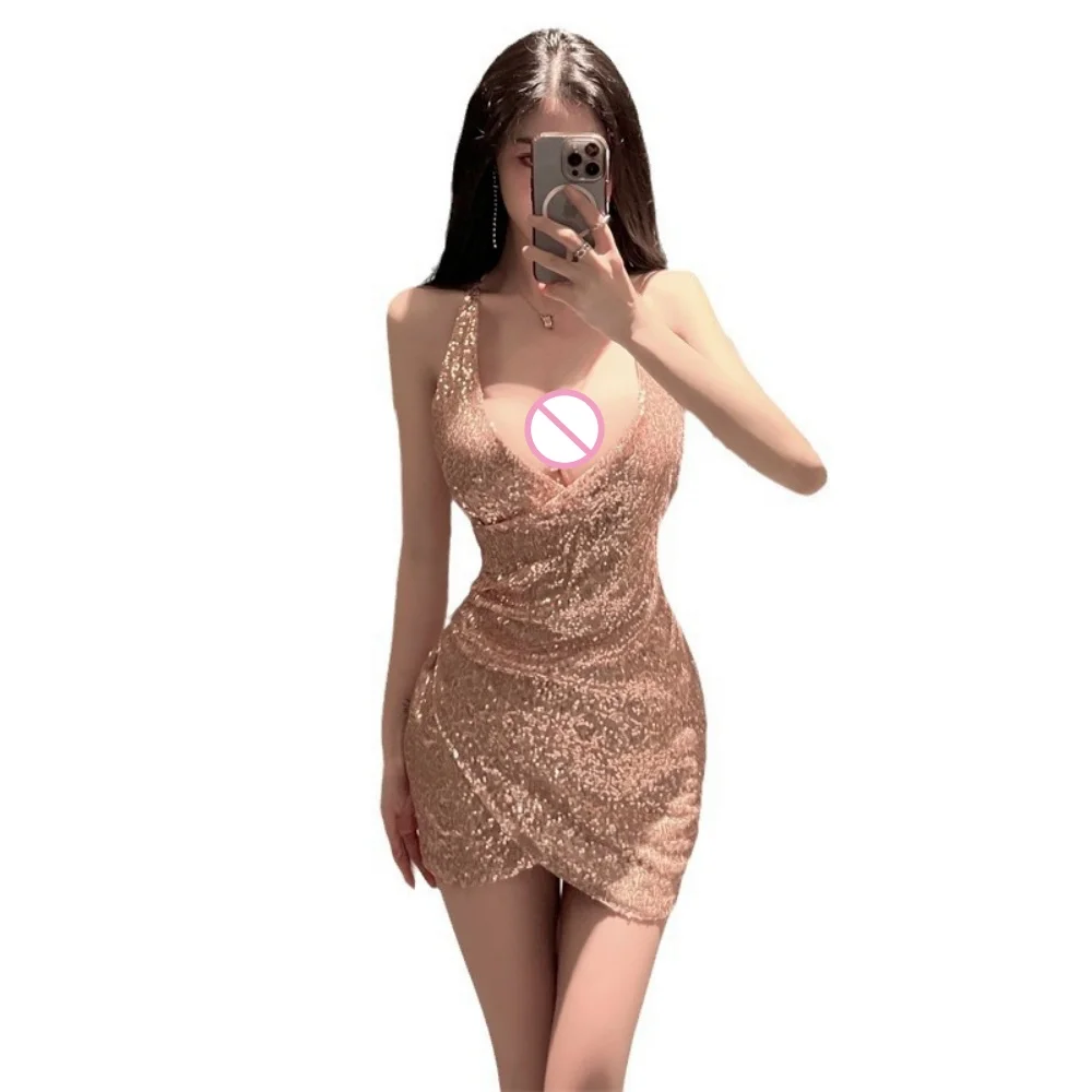 Gold Sequin Halter Bodycon Mini Dress – Sexy Clubwear, Irregular Hem, Wedding Guest & Night Out view 2