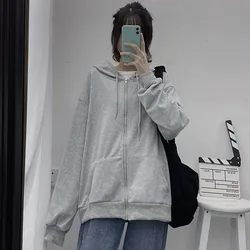 Autumn New Women's Zipper Hoodie High Street Double Pockets Sweatshirts Outerwear Top Woman Grey Oversize Loose Hoodies Ladies