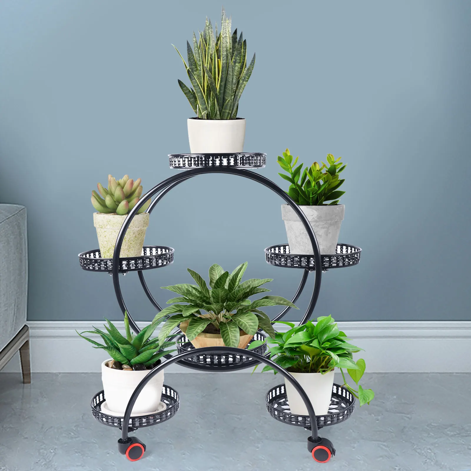 4 Tier Metal Flower Pot Portable Outdoor Indoor Plant Stand with Six Large Trays Outdoor Plant Stands Black(White/Black)