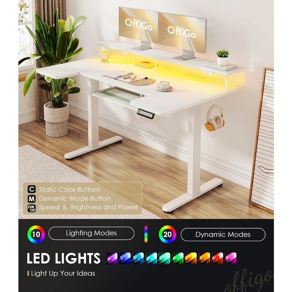 مكتب قائم كهربائي على شكل حرف U مع صينية لوحة مفاتيح، مكتب قابل للتعديل بارتفاع 55 بوصة مع منافذ طاقة وأضواء LED، حامل الجلوس T