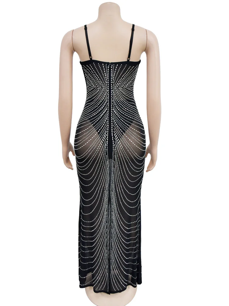 Sexy Steentjes Crystal Mesh Back Split Maxi Jurk Vrouwen Mouwloze Band Doorschijnende Lange Jurk Verjaardag Clubkleding Outfits