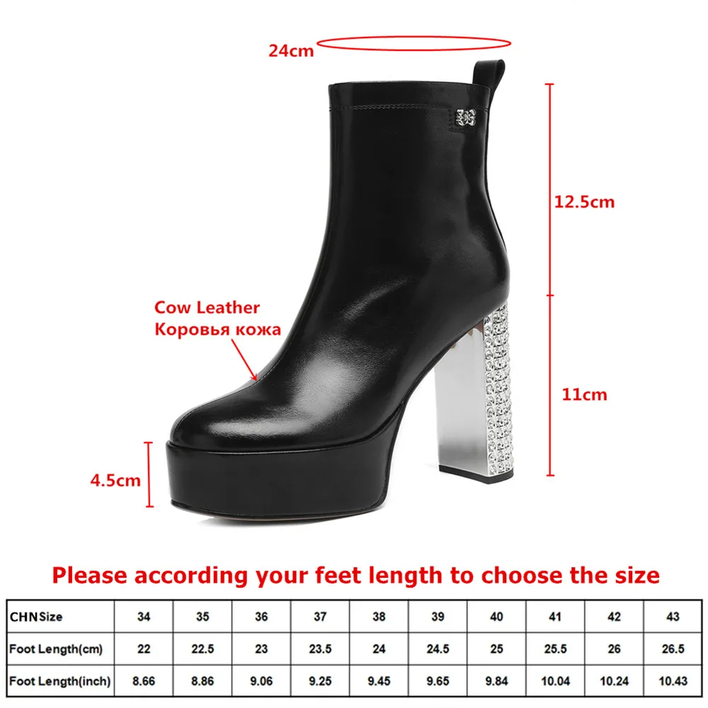 MILI-MIYA Women's Cow Leather Round-Toe Ankle Boots Crystal-Studded Ultra-High Chunky Heel Platform Fashion Boots Extra Large