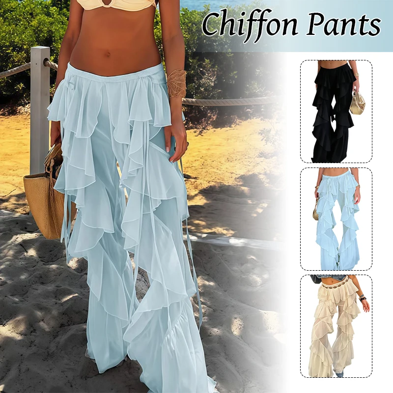 Irregular Tierred Flare Pants Women Y2K Patchwork Chiffon See Through Summer Hipster Wild Basic Streetwear Classic Trousers