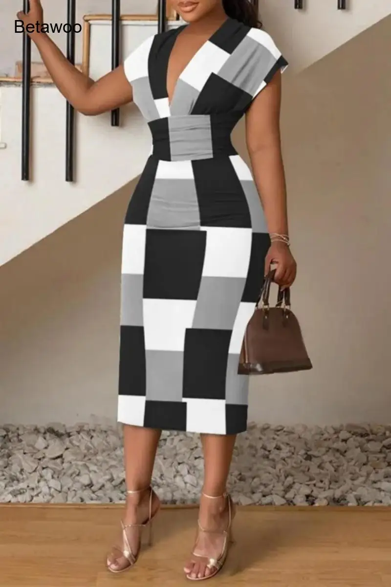 Womens Plus Size Elegant Abstract Color Block Print V Neck Midi Dress Short Sleeve Bodycon Casual Party Work Dress