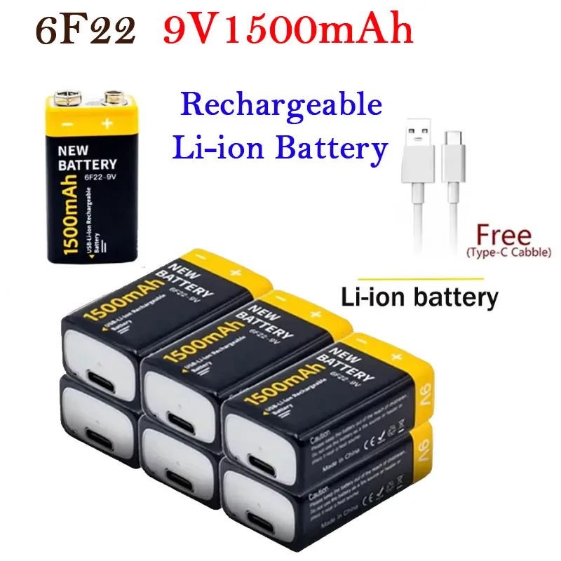 1-8PCS USB-9V 1100mAh Li-ion Rechargeable Battery Type-C USB 6F22 9V Battery for RC Helicopter Model Microphone Toy