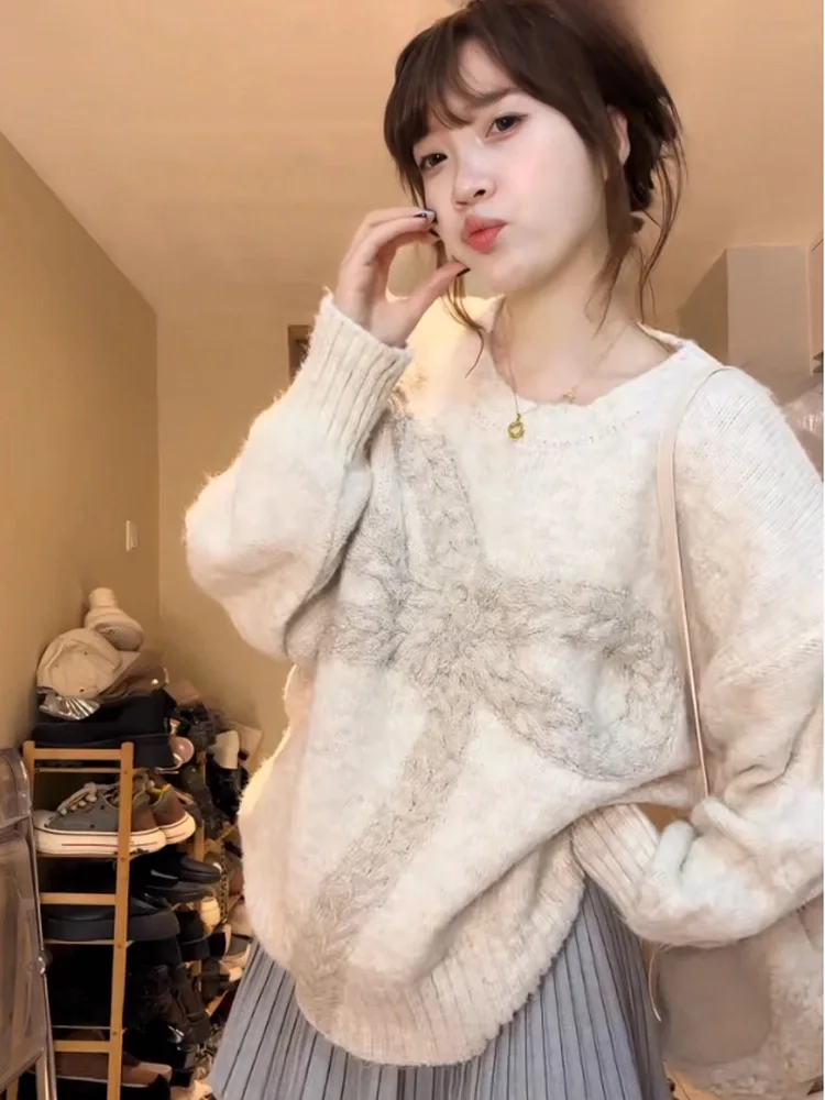 

Korean Sle Loose Fit Women's Knitwear with Bow Design Autumn Winter Warm Faionable Casual Sle round Ne Long Sve Top