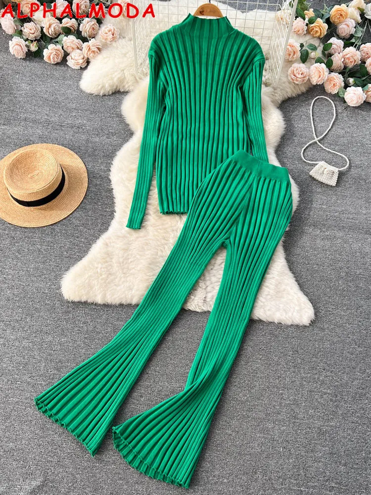 

ALPHALMODA 2023 Spring New Rip Stripe Knitted 2pcs Flare Bottom Pants Slim Sweater Suits Casual Solid Jumper Trousers Sets