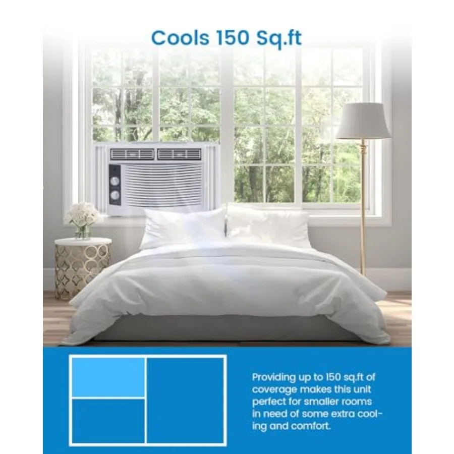 5, 000 BTU Window Air Conditioner for Small Bedroom, Living Room, Home Office White, Steel Housing, Easy Mechanical Controls, R
