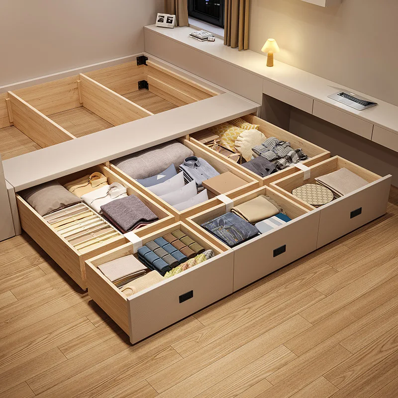 No bedside box drawer bedroom floor bed row skeleton high box storage bed all solid wood tatami leather bed