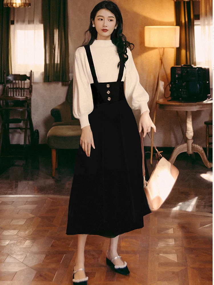 Sweet Fashion Two Piece Skirt Set Women Autumn Winter White Sweater and Long Black Skirt Outfits