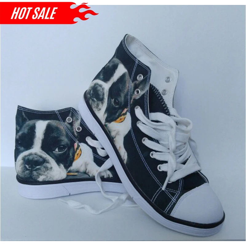 2021 Fashion High-Top Canvas Shoes for Women Cute 3D Black French Bulldog Flat Shoes Ladies Lace-up Vulcanized Shoes
