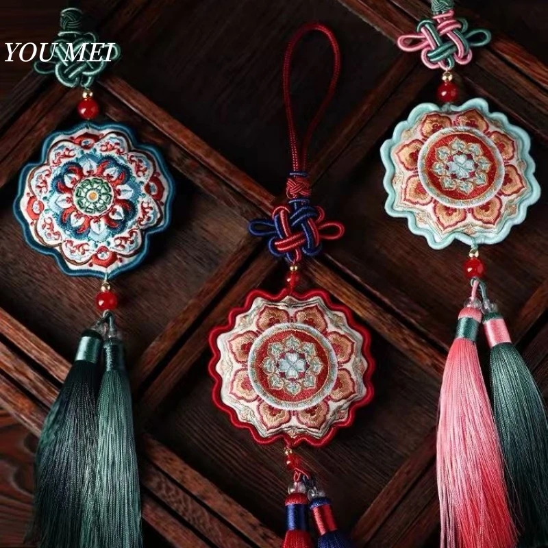 Buddhist Item Amulet Embroidery Circular Flower Texture Car Center Console Pendant,Trinket Souvenir Remove Unpleasant Odors Bag