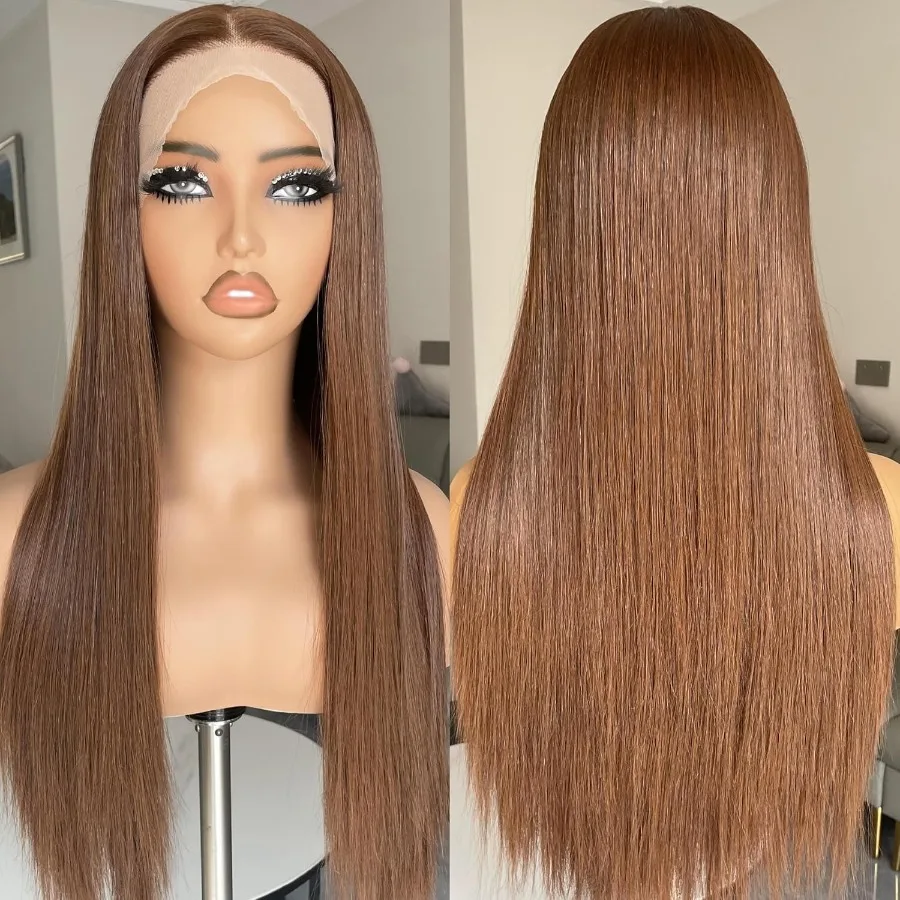 شعر مستعار بني 13x4 دانتيل أمامي اصطناعي مقطوع مسبقًا 26 بوصة طويل مستقيم بدون صمغ شعر مستعار بني فاتح للنساء السود Suita