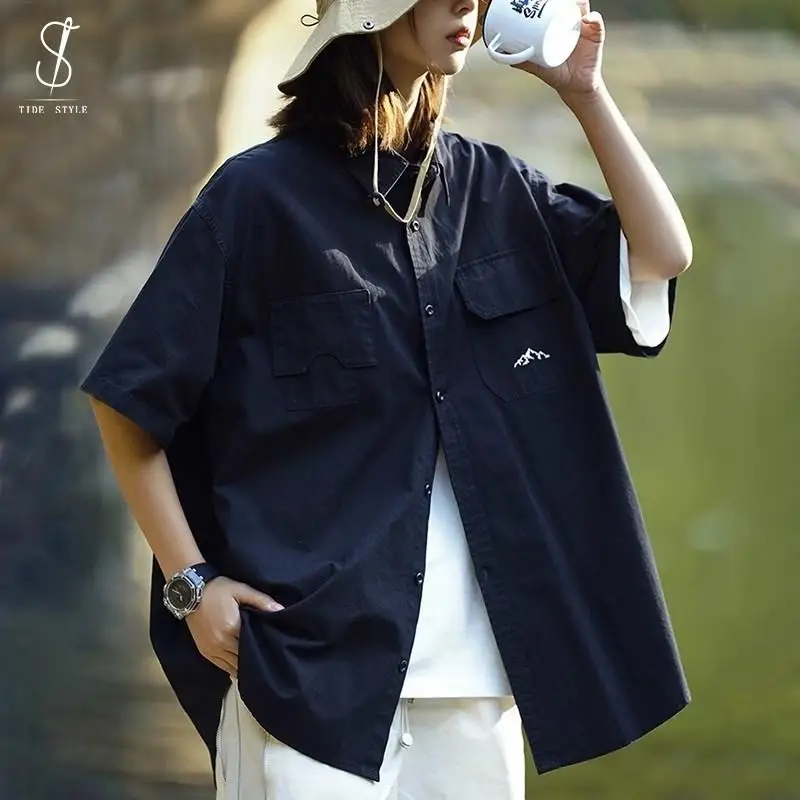 Loose Casual Short Sleeve Shirt Unisex Summer Workwear Five-Button Pocket Design Youth Fashion Basic Style Square Collar