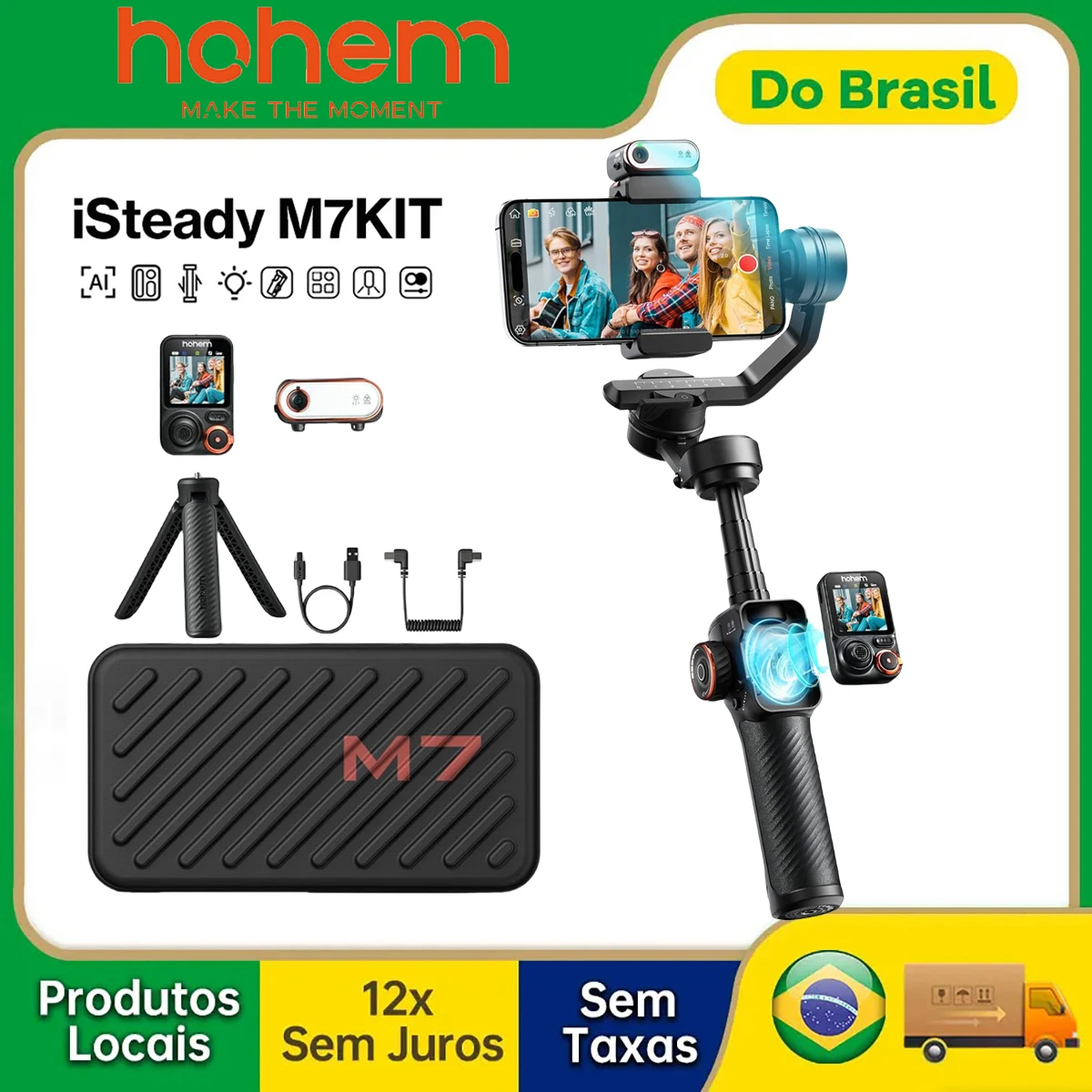 【Do Brasil】Hohem iSteady M7 Gimbal Estabilizador para iPhone com AI Luz de preenchimento magnética Telescópica Selfie Stick para gravação de vídeo