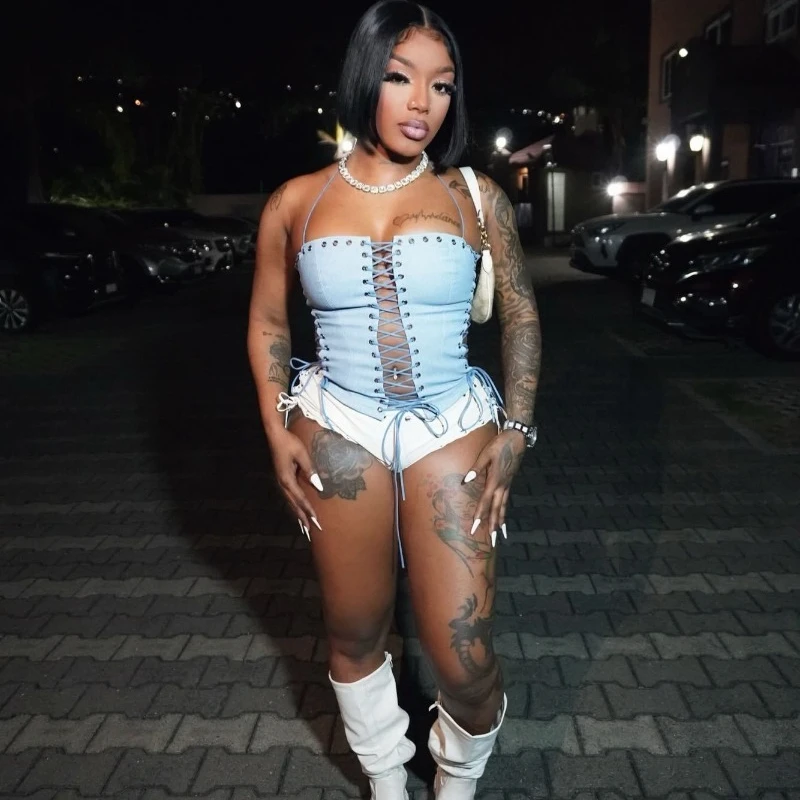 Women Fashion Grommet Lace Up Hollow Out Strapless Tanks Cropped Tops Sexy Sleeveless Backless Slim Corset Vests Streetwear