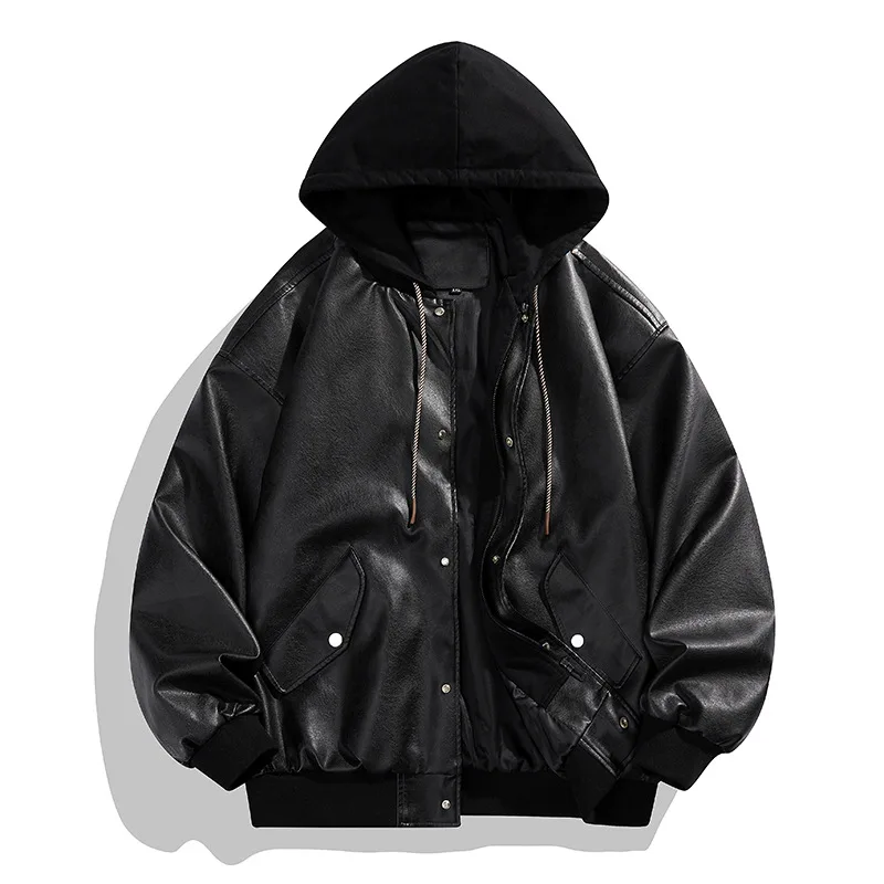 KIDWHXR Autumn Winter Man Leather Coat Thicken Contrast Color Men Fake Two-piece Hooded Jacket Loose Long Sleeve Male Outerwear