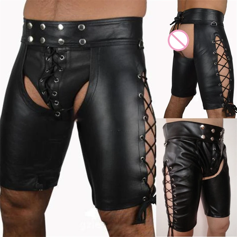 Open Cortch Shorts Men Leather Wet Look Skinny Nightclub Wear Lace Up Fetish Short Pants Sexy Lingerie Gay Punk Costumes