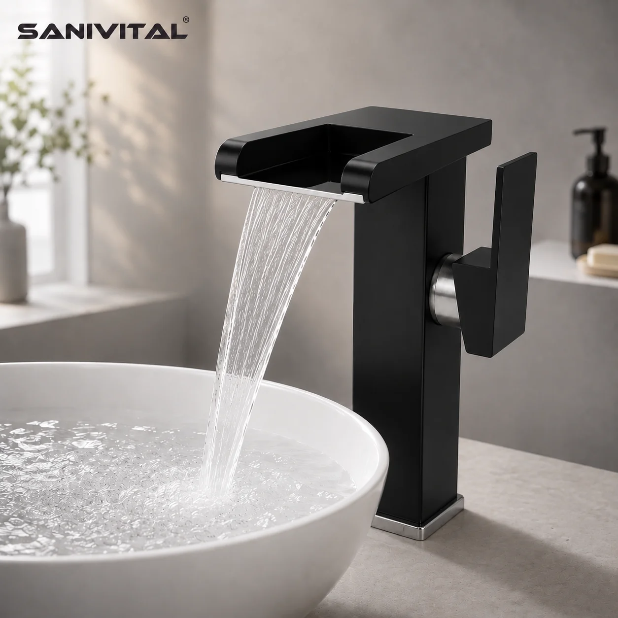 

SANIVITAL Matte Black Tall Waterfall Bathroom Vessel Sink Faucet Single Lever Hot Cold Mixer Tap