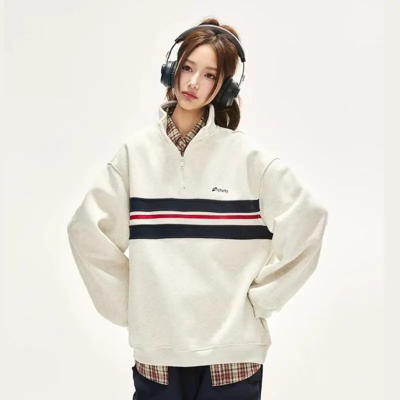 

American Retro Color Block Half Zip Embroidered Cotton Sweatshirt For Men And Women Autumn Winter College Style 2025 New Trendy