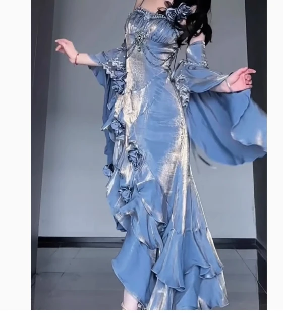 레드 로즈 로리타 슬리밍 긴 비대칭 피쉬 테일 드레스 로리타 할로윈 뮤즈 섹시한 Cos 서스펜더 드레스와 슬리브