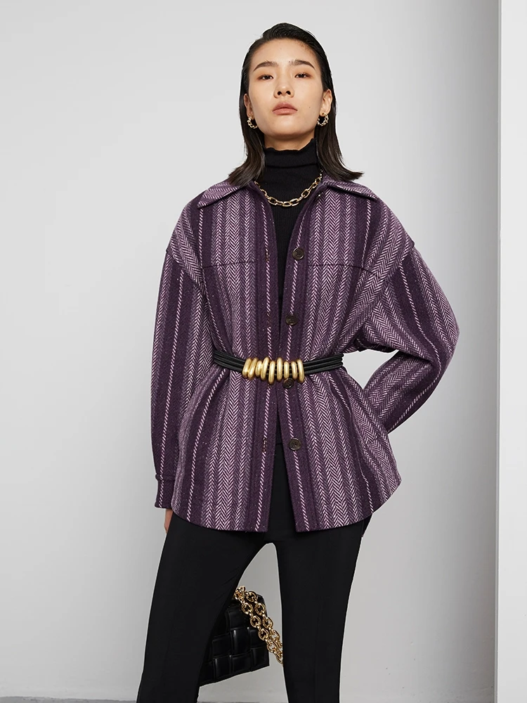 

Утепленная хлопковая шерстяная куртка в полоску свободного кроя в стиле ретро с прямым кроем и воротником-стойкой