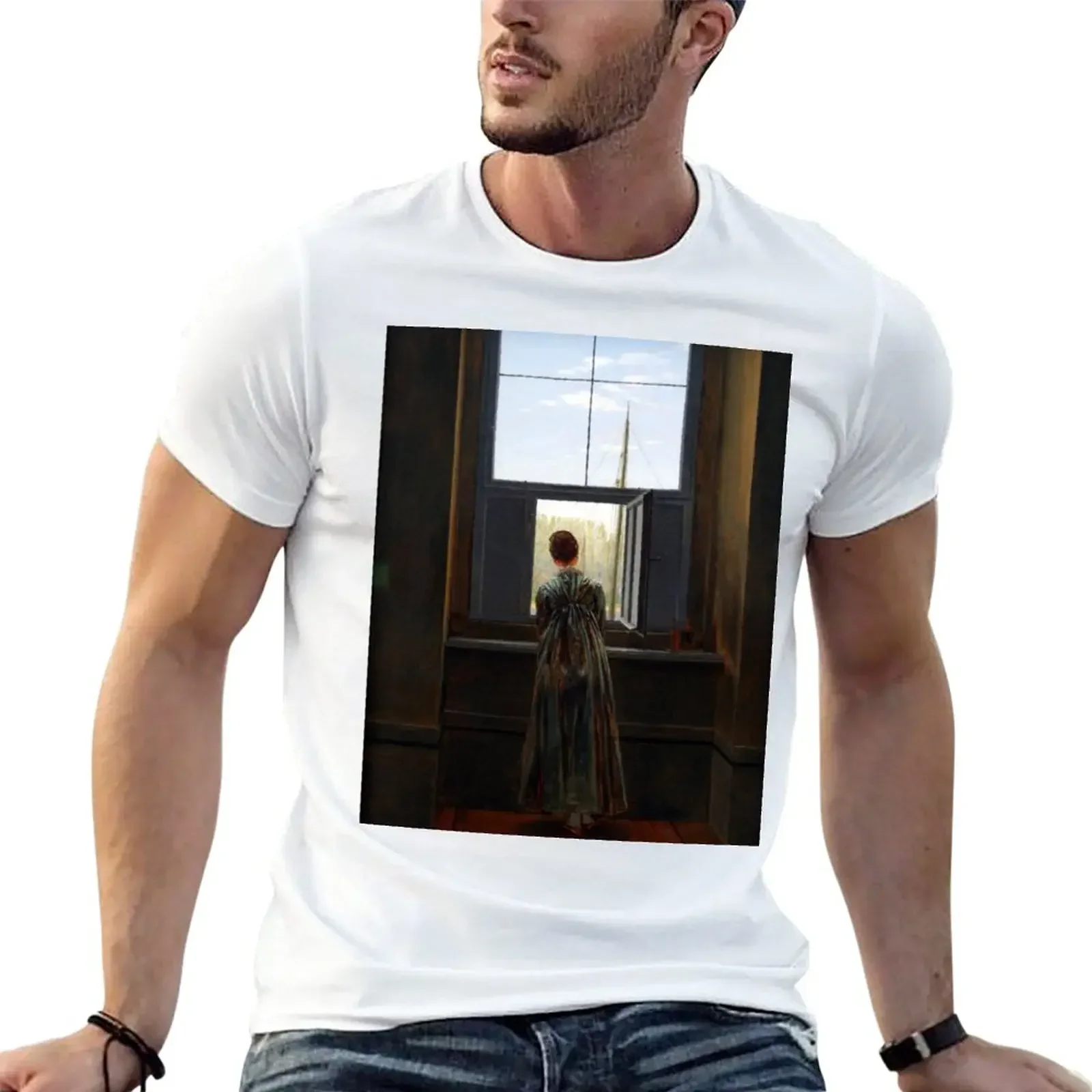 Caspar David Friedrich: Woman at a Window, 1822 T-Shirt Short sleeve tee plain sublime mens workout shirts