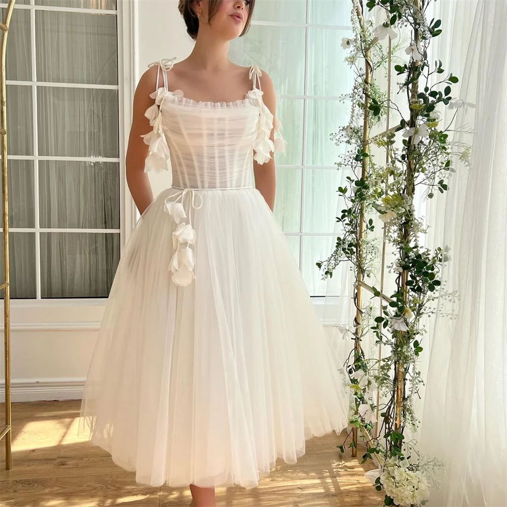 Cathy Princess White Tulle Wedding Dresses Spaghetti Strap with Flowers فساتين سهرة Elegant Ankle-length vestidos de fiesta 2024