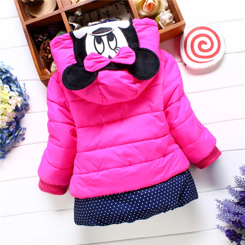 Winter Baby Girl Cotton Coat Color Blocked Single Breasted Hooded Cotton Coat Cute Cartoon Embroidered Cotton Jacket