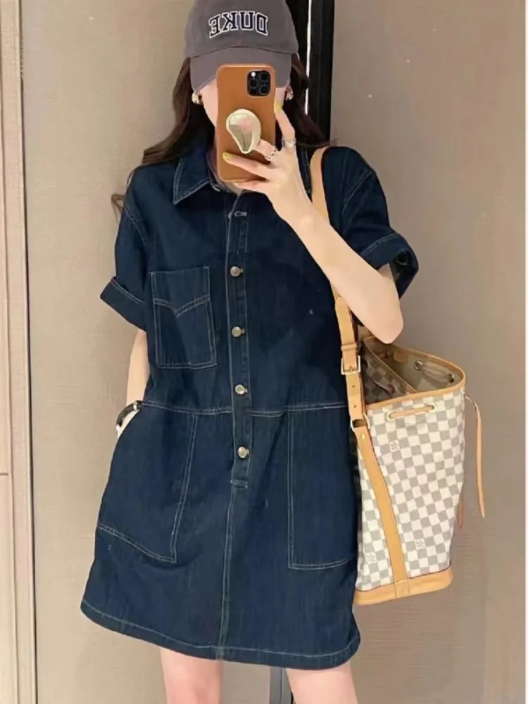 

Summer Blue Denim Elegant Short Sleeved Holiday Midi Dress Retro Women Vintage Single Breasted Loose Jeans Dress Trendy Fashion