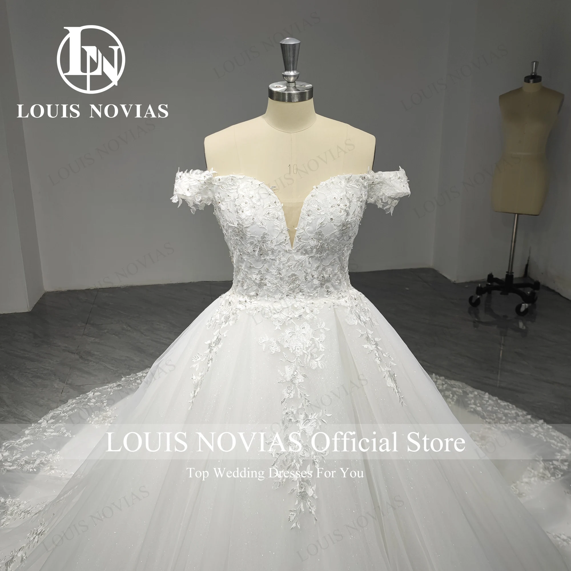 

LOUIS NOVIAS A-Line Wedding Dresses For Women Deep V-neck Off Shoulder Beading Appliques Lace Wedding Gown Vestidos De Novia
