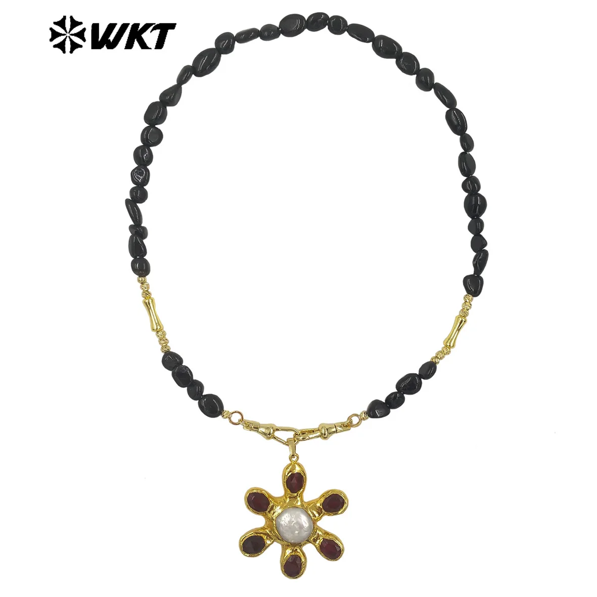 

WT-JN379 Delicate Gold Plated Brass Splicing Beads Chain With Natural Stone And Pearl Flower Shape Pendants Necklaces As Gift