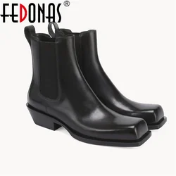 FEDONAS Genuine Leather Women Nude Boots Chunky Heel Chelsea Boots Square Toe High Heeled Short Boots Fashion Women Short Boots